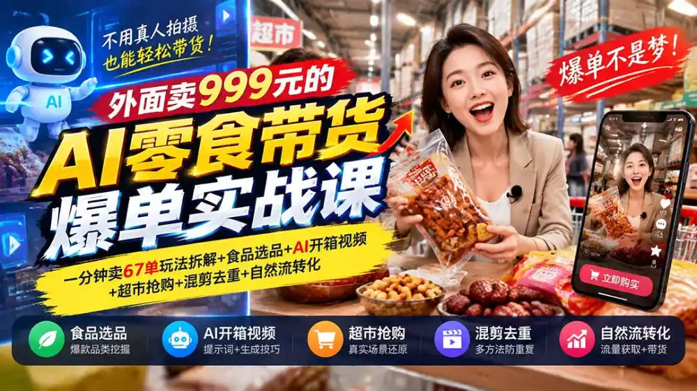 外面卖999元的AI零食带货爆单实战课｜一分钟卖67单玩法拆解+食品选品+AI开箱视频+超市抢购+混剪去重+自然流转化-小行网创