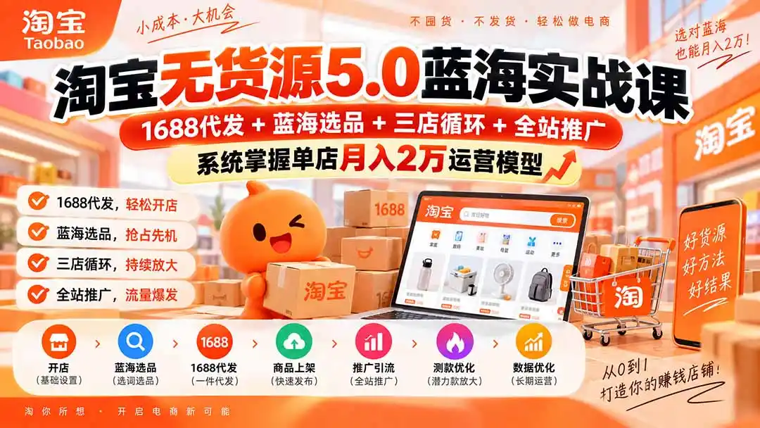 淘宝无货源5.0蓝海实战课-更新:1688代发+蓝海选品+三店循环+全站推广,系统掌握单店月入2万运营模型-小行网创