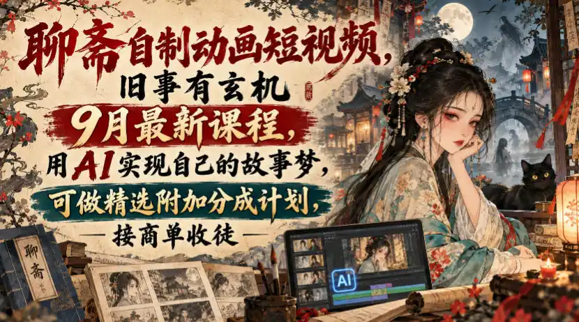 聊斋自制动画短视频,旧事有玄机9月最新课程,用AI实现自己的故事梦,可做精选附加分成计划,接商单收徒-小行网创