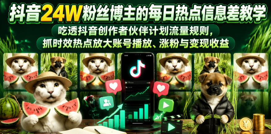 抖音24W粉丝博主的每日热点信息差教学,吃透创作者伙伴计划流量规则,抓时效热点放大账号播放、涨粉与变现收益-小行网创